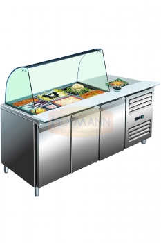 Kühltisch mit Glasaufsatz, 3 Türig, 3 x 1/1 GN + 6 x 1/9 GN, 1795x700x1365