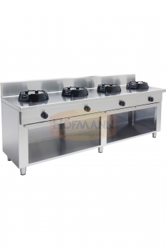 Wok-Gasherd mit offenem Unterbau, 4 Gasbrenner, 2400x700x850
