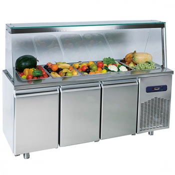 Saladette mit 3 Türen GN 1/1 und Glasstruktur, 5x GN 1/1, -2°/+8°C