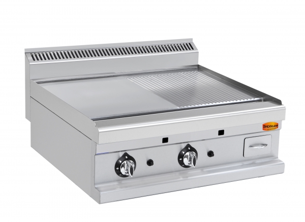 Gas-Grillplatte, Tischmodell, ½ glatte, ½ gerillte verchromte Platte, 16 kW, 800x700x270
