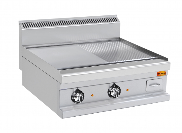 Elektro-Grillplatte, Tischmodell, ½ glatte, ½ gerillte Platte, 400V, 12 kW, 800x700x270